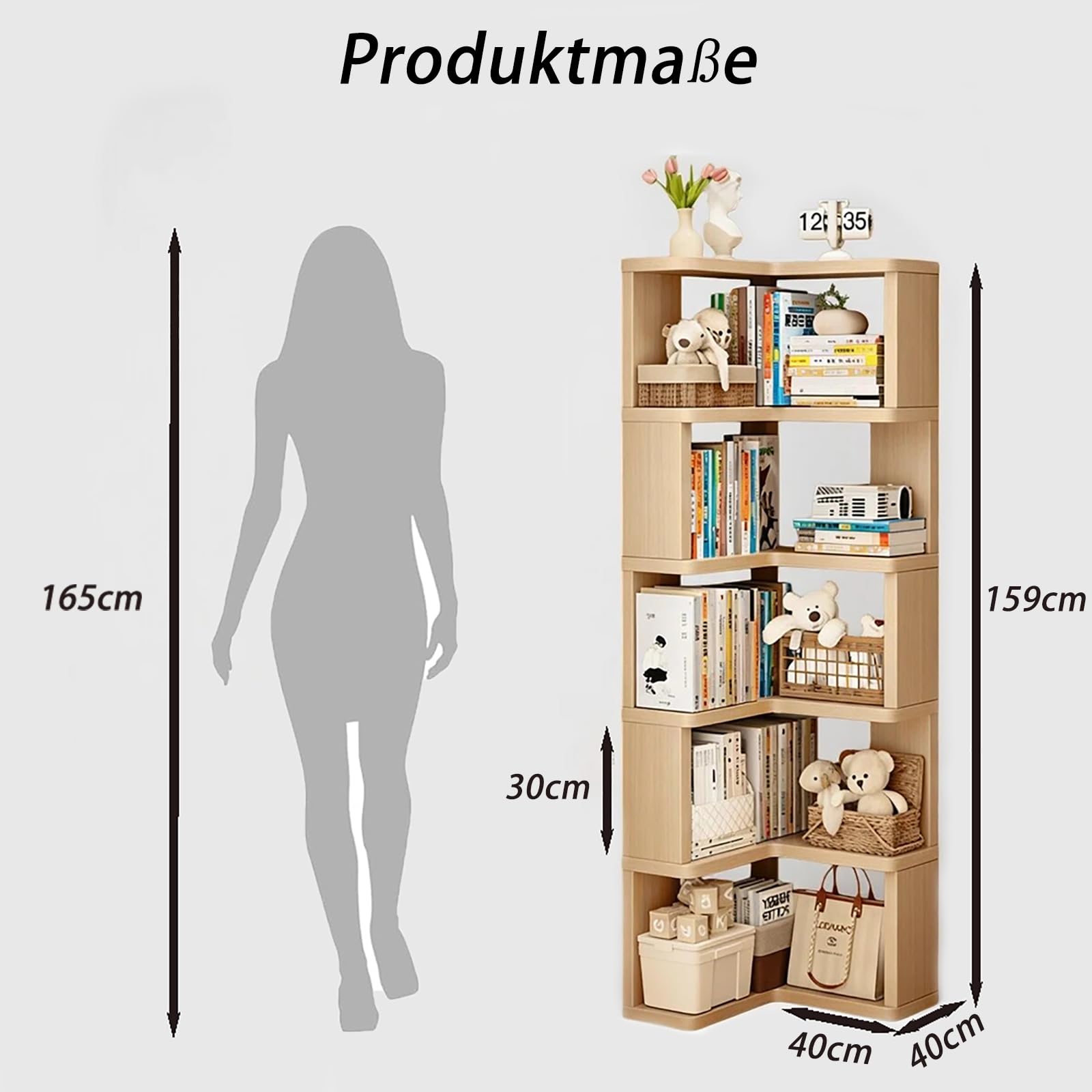 5-stöckiges Bücherregal in L-Form, Massivholz-Eckregal mit Schutzleisten, Offenes Präsentationsregal-vielseitige Aufbewahrung für Home Office, Wohnzimmer, Schlafzimmer
