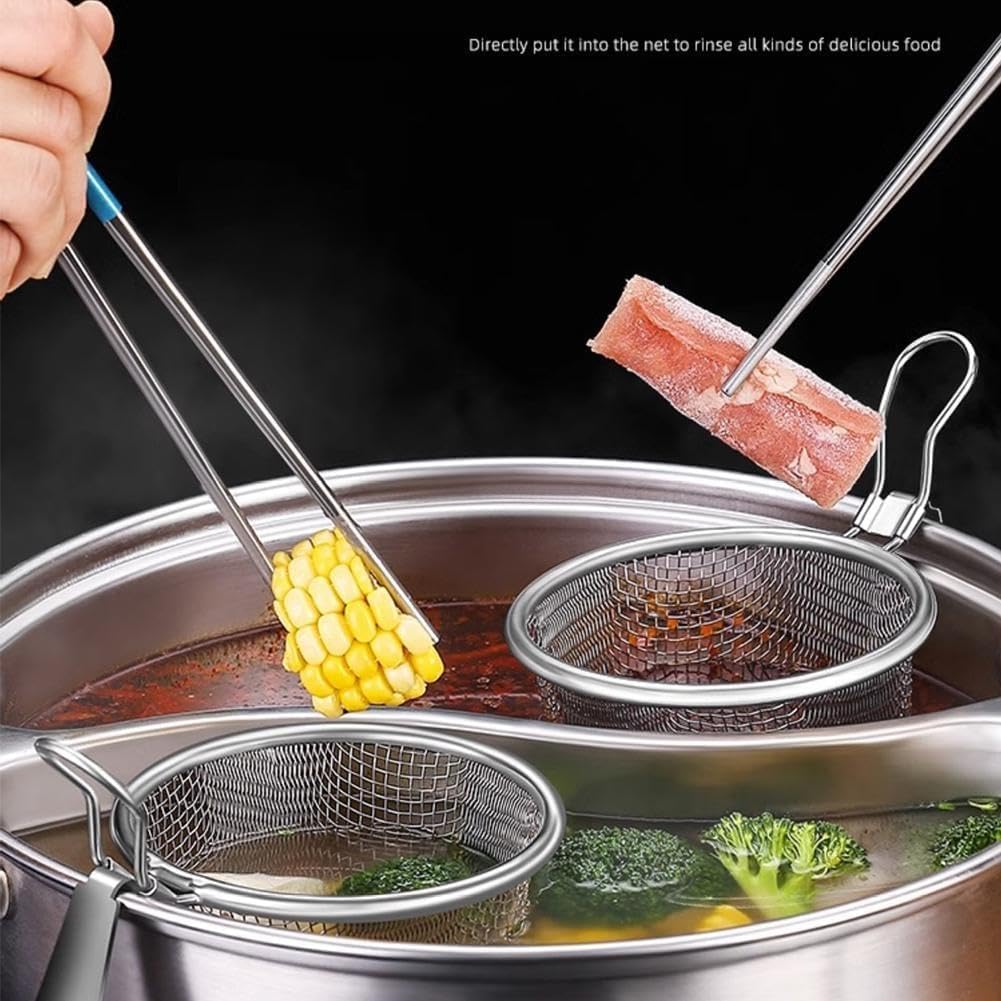 Stainless Steel Strainer Colander Basket, Mesh Spider Food Dumpling Noodle Handle Strainer Mesh Strainer, with Fine (Silver L+S)