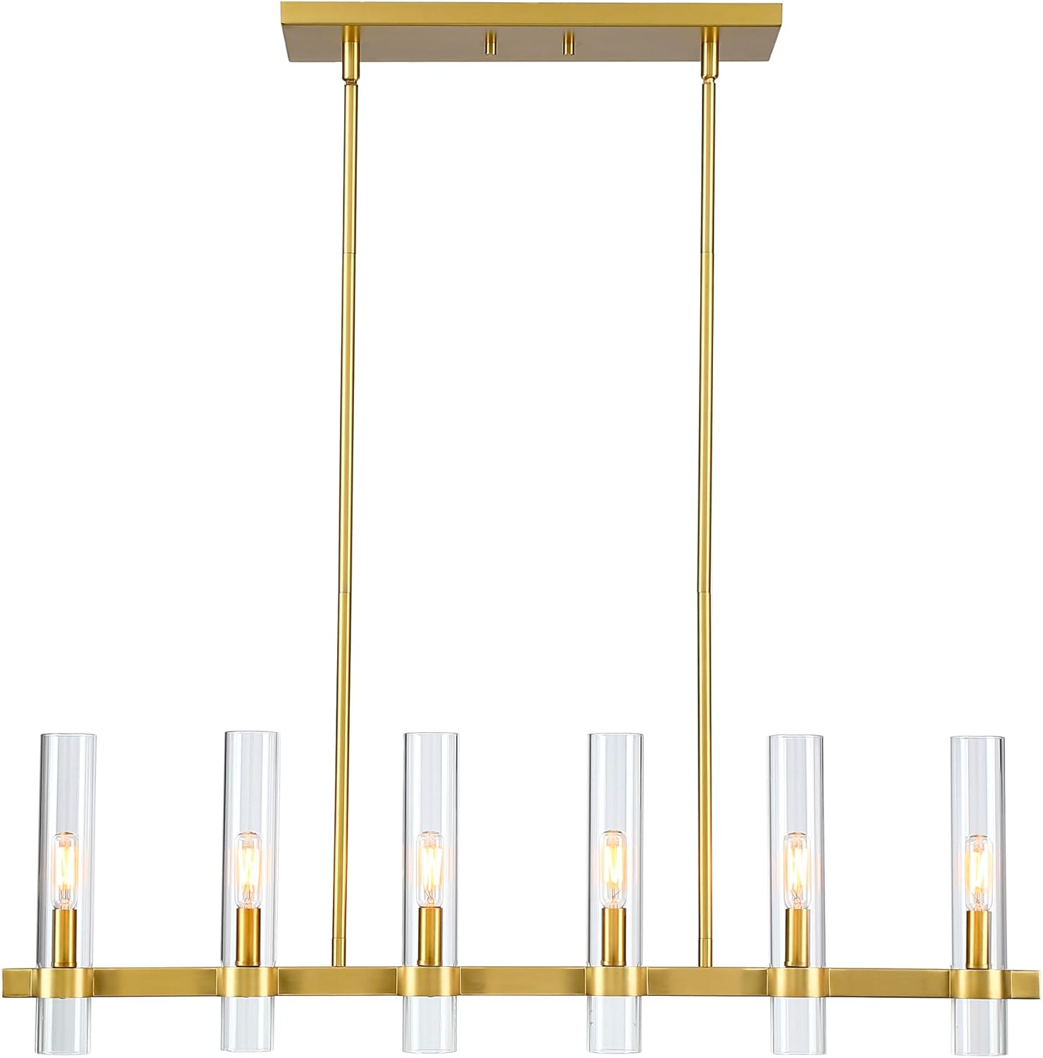 Untrammelife Modern Gold Linear Pendant Light Fixtures, 6-Light Rectangle Kitchen Island Light with Clear Glass Shade, Adjustable Height Dining Room Chandelier Over Table, 36" Large Chandelier One-piece glass shade Gold