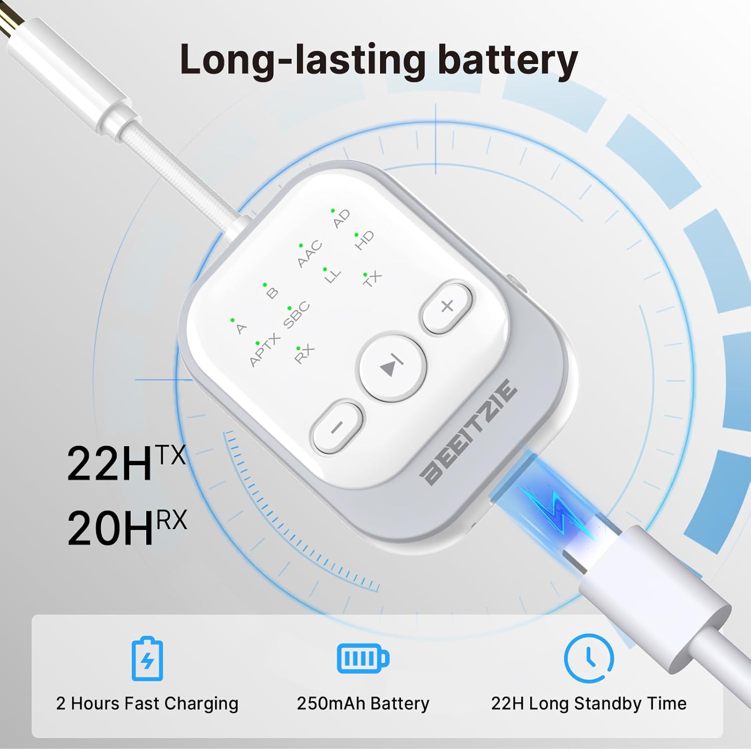 Beeitzie BT26 connected to a USB-C charging cable, illustrating long battery life