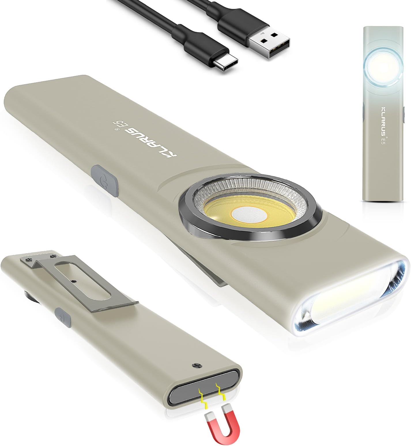 E5 Pocket Flashlight, Rechargeable EDC Flashlight, Super Slim 4.2x1x0.3inch, 600 Lumens, USB-C Port, IPX4, Dual Light Source with Magnetic Base, Hat & Clothes Clip - Grey