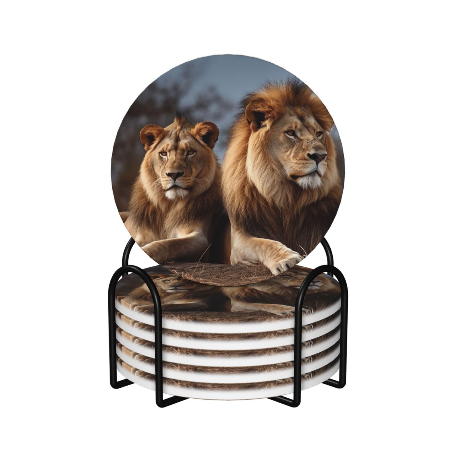 Dessous de verre avec support en métal et motif lion haut de gamme en céramique