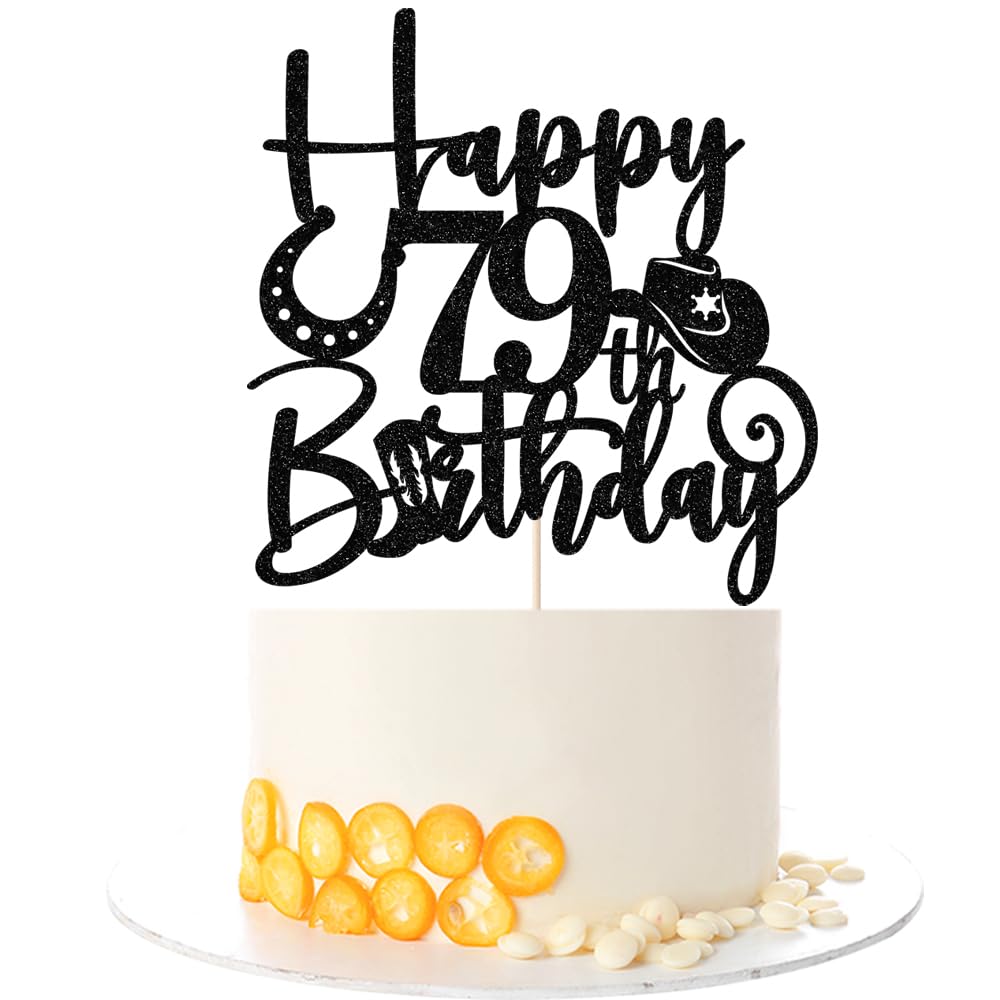 Kaoenla Glitter Black "Happy 79th Birthday" Cowboy Themed Cake Topper - Western Style Party Decoration for 79th Birthday & anniversary photo props Celebration — image 1