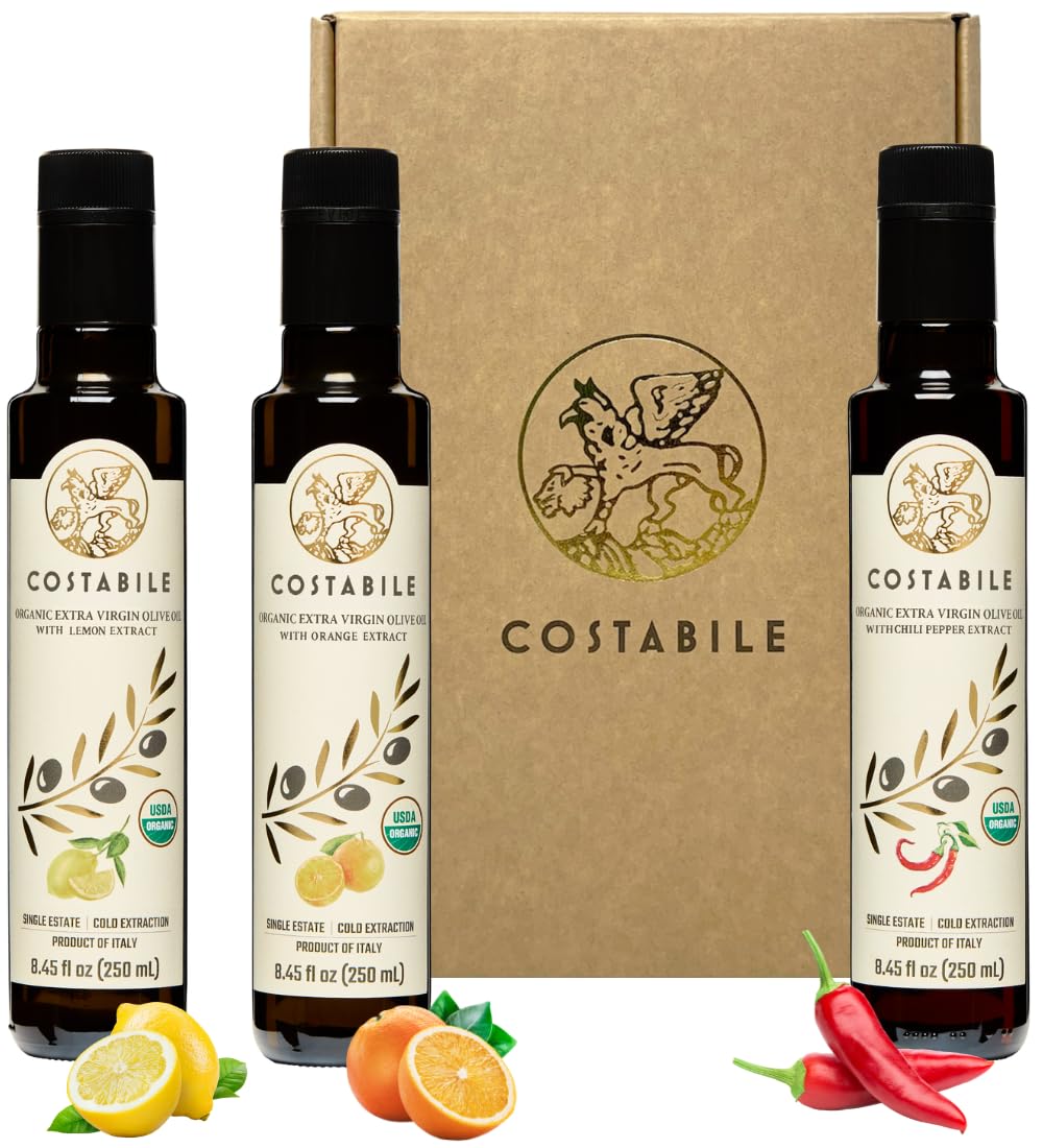 Olive Oil Gift Box. Organic Infused Olive Oil Gift Sets from Italy. Ideal Addition to Edible Basket and Vegetarian Baskets - COSTABILE 3 x 8.45 Fl. Oz.