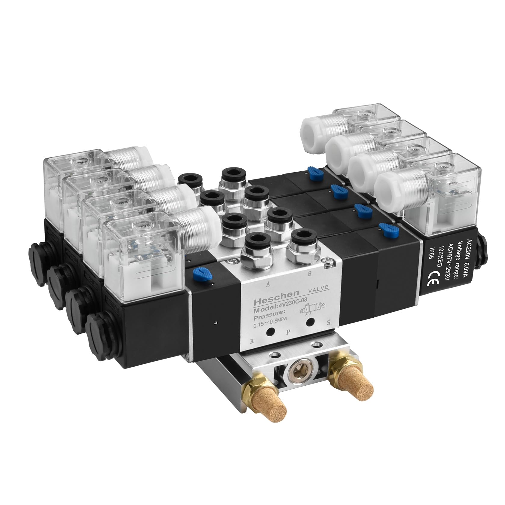 Heschen Electroválvula neumática eléctrica 4, 4V230C-08, 12VDC, PT1/4, 5 vías 3 posición, base del colector, silenciador, conjunto de accesorios rápidos, CE