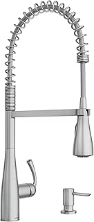 Moen Essie Spot Resist 87814SRS - Grifo de cocina de acero inoxidable con un solo mango de arco alto preenjuague con limpieza eléctrica y dispensador de jabón, 87814SRS