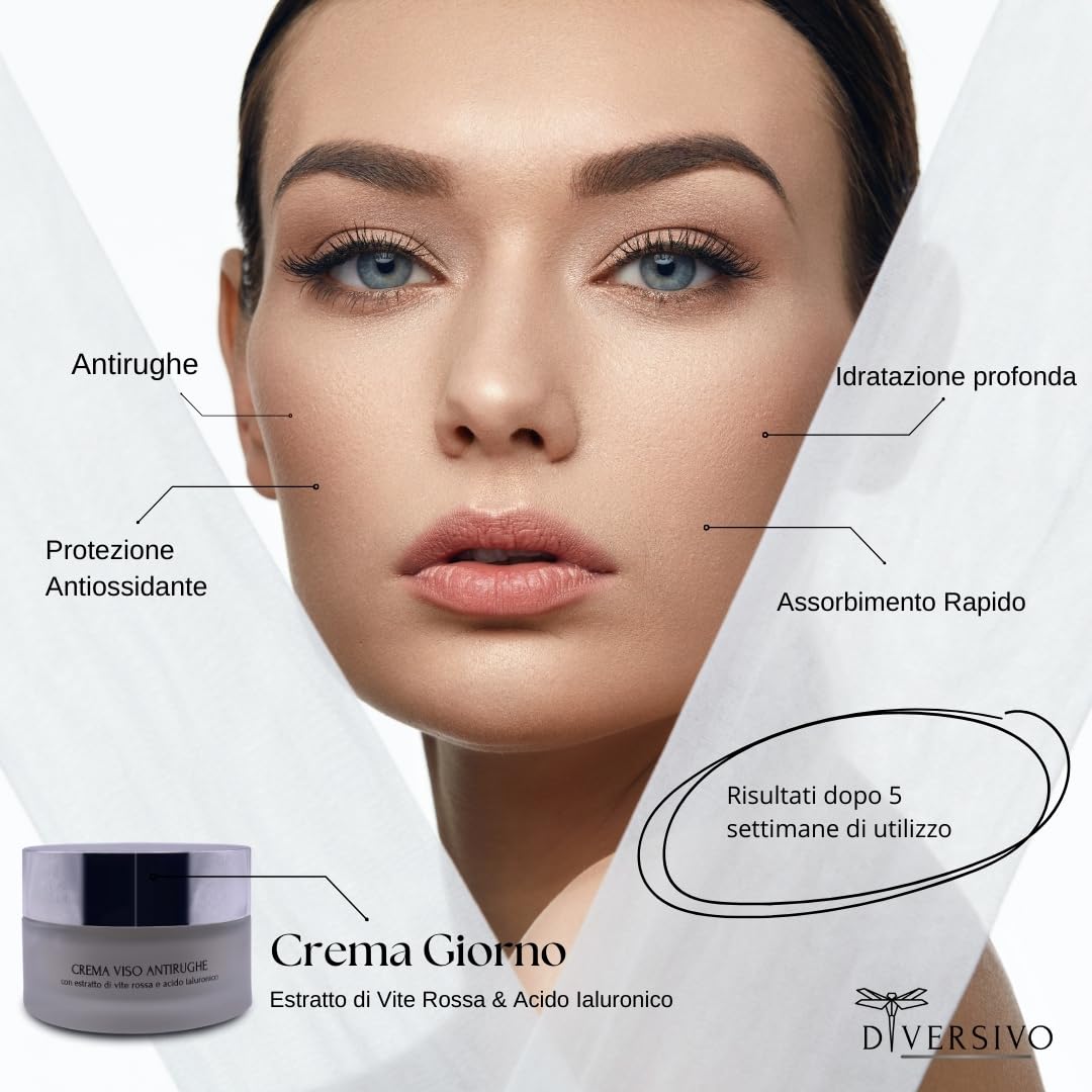 DIVERSIVO - Crema Viso Antirughe - Idratante e Rassodante con Vite Rossa, Acido Ialuronico e Aloe Vera - 50ml