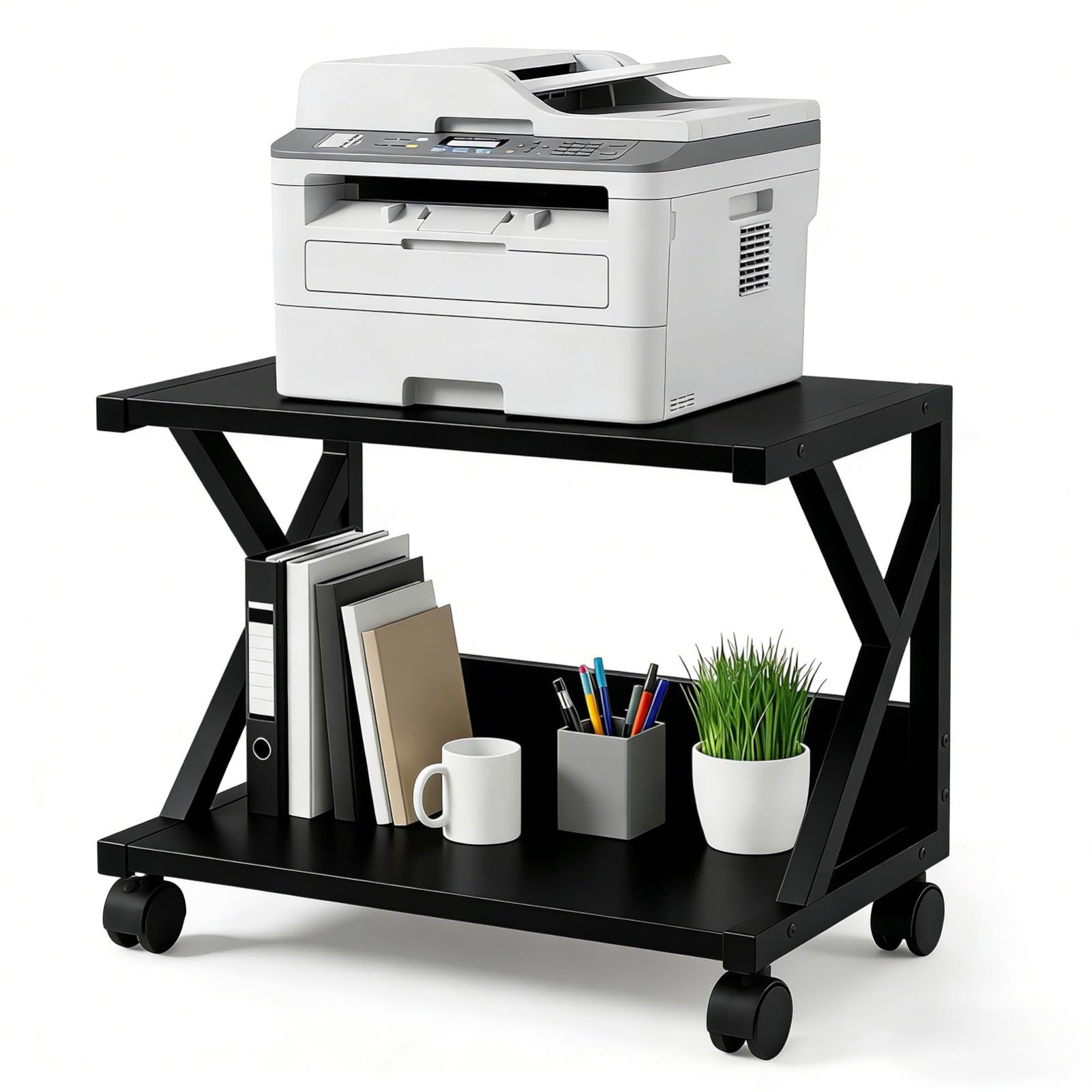 LN COZY CORNER Modern Desktop Printer Stand 2 Tier Desk Organizer Multi-Purpose Computer Monitor Riser with Storage Shelves Wood Printer Stand for Home Office Fax Machine Scanner Books (Black)