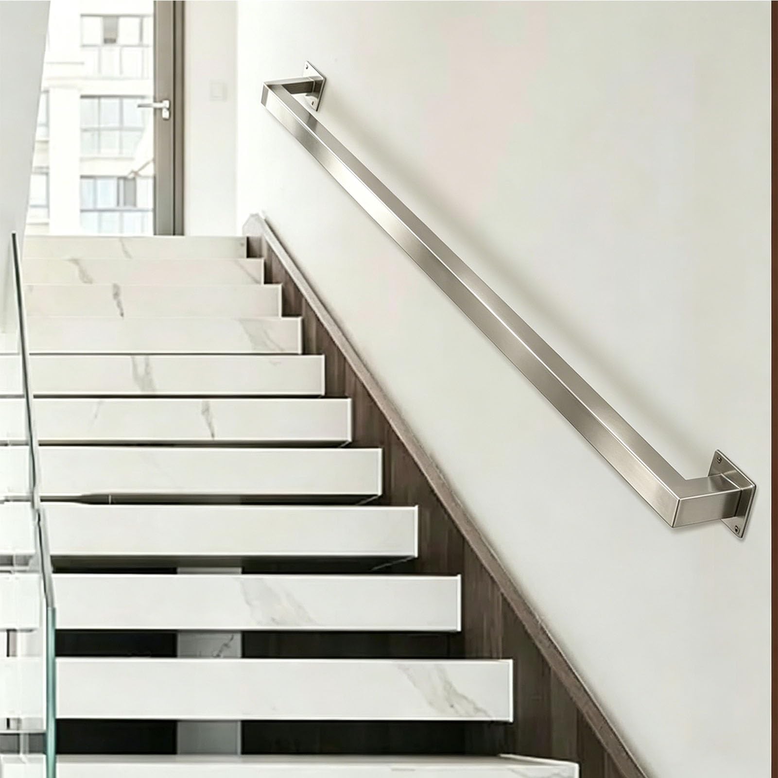 Junvstor Stair Step Handrails Wall Mount, Staircase Banister Rails Kit Stainless Steel Railing for Stairs Square Hand Railings for Steps Indoor Outdoor, Wall Grab Bar(2ft/60cm)