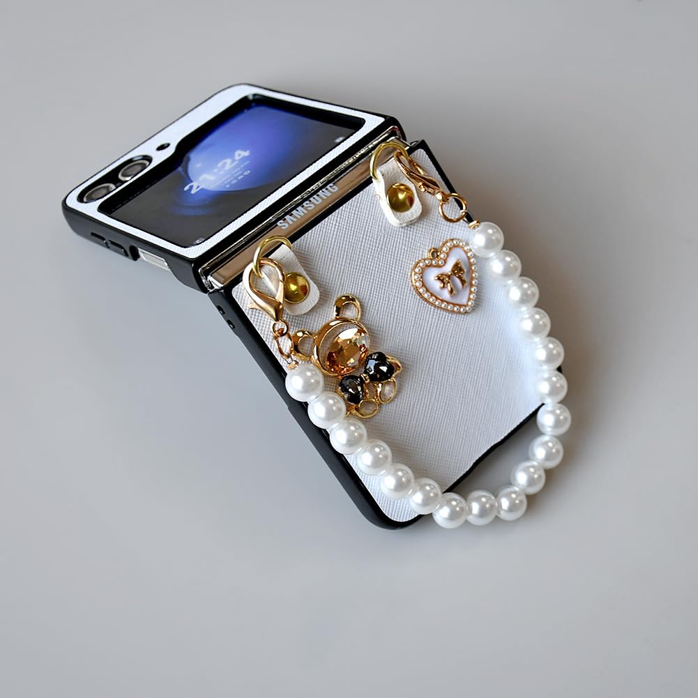 GO-VOLMON Cute Cartoon Case for Samsung Galaxy Z Flip 5 with Pearl Strap, Fashion Women Case for Z Flip 5 with Metal Bling Bear and Love, Girly Wristband Case Girly Case for Z Flip 5