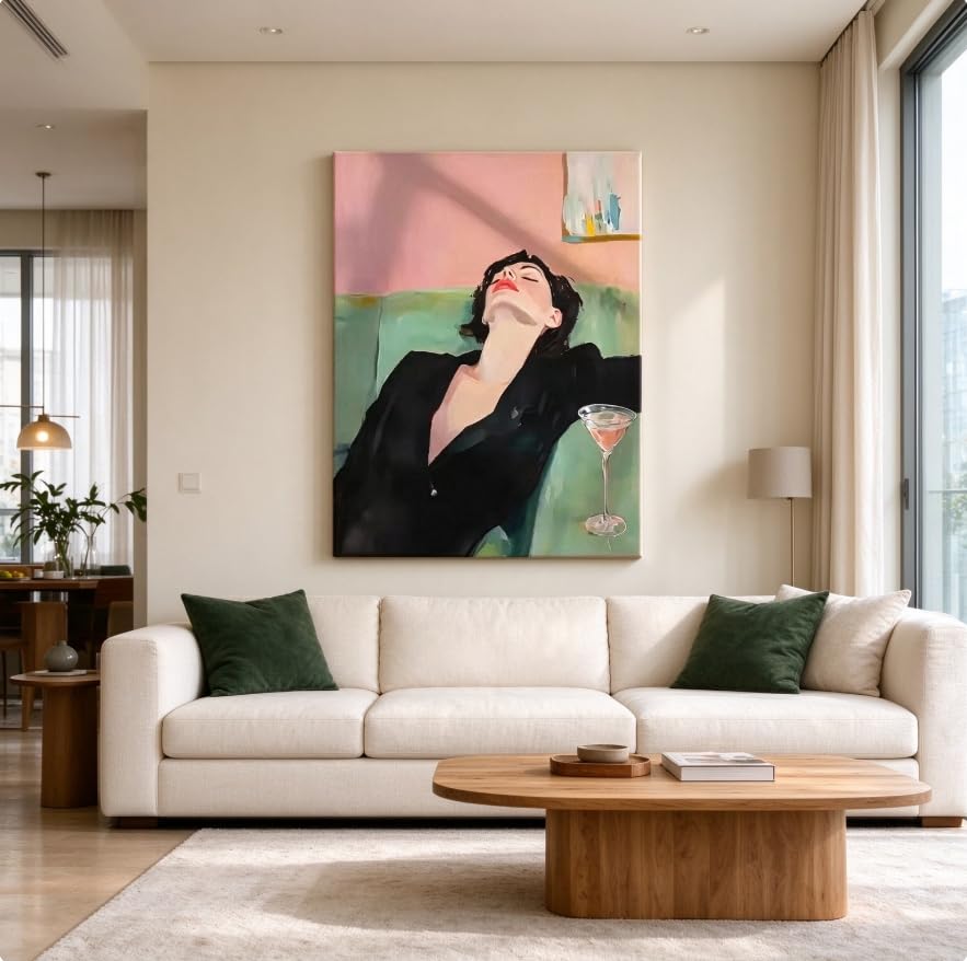 DAMAIART Affiche sur toile représentant une femme buvant un martini (40 x 60 cm, cadre intérieur inclus). Décoration murale moderne pour chariot de bar ou intérieur.
