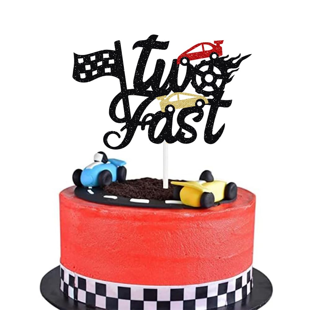 Two Fast Cake Topper - Race Car Theme Flag Sign 2nd Birthday Party Cake Decoration for Boy Girl Second Birthday Supplies