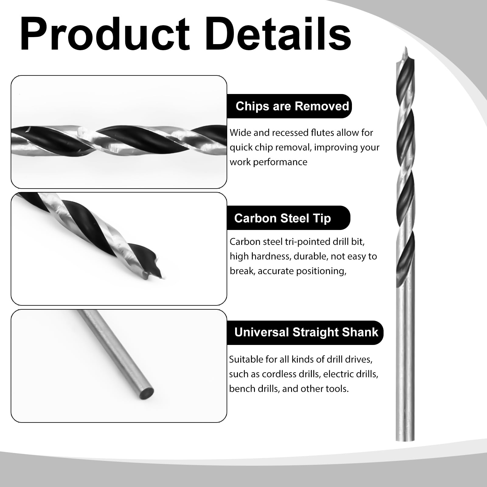 10 brocas de madera de 3 mm, acero al carbono 45 brocas de metal de 3 mm helicoidales para madera con punta de centrado para madera, plástico, caucho, madera blanda, madera dura, madera contrachapada