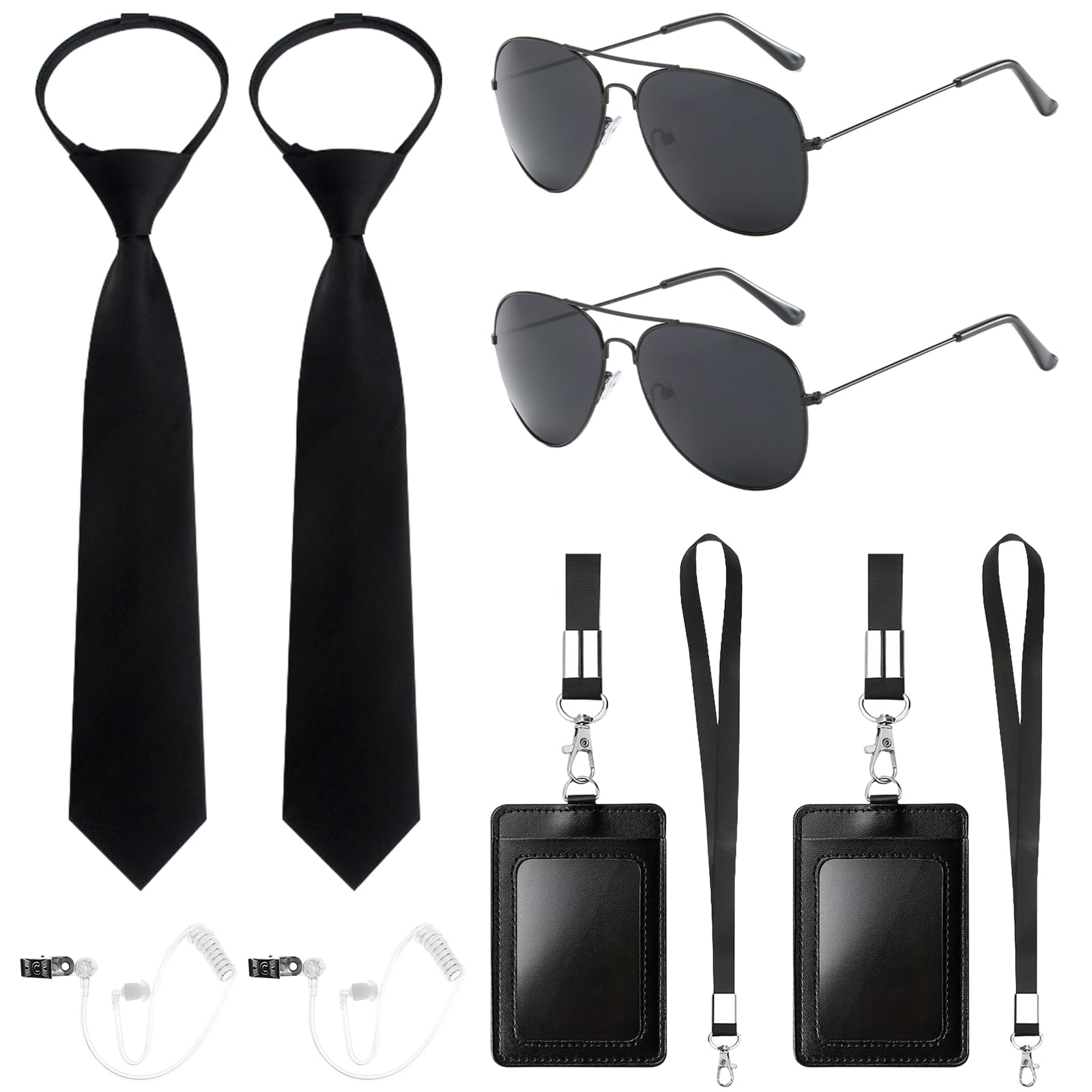 Beamely 10 Pcs Agent Accessories Set, Security Guard Cosplay Kit with Sunglasses, Tie, Card Holder, Earpiece Tube for Adults, Kids Cosplay Dress up Party
