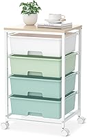 SYKIARIOL Green Rolling Utility Cart with 4 Drawers & Wooden Tabletop - Space-Saving Storage for Bedroom, Office, Classroom, Dorm