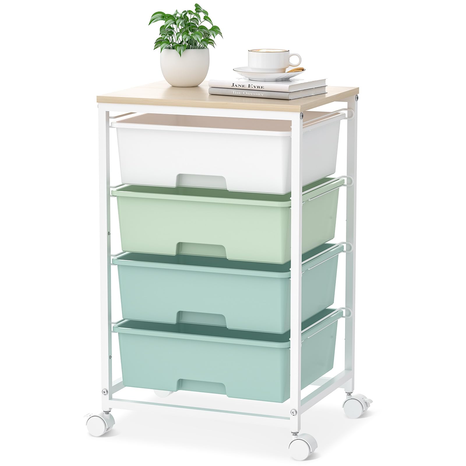 Utility Cart with 4 Drawers,Rolling Storage Cart with Drawers,Storage Rolling Drawer Cart with Wooden Tabletop for Bedroom,Kid's Room,Dorm,Classroom,Office,GreenGlobal Recycled StandardGlobal Recycled StandardGlobal Recycled Standard
