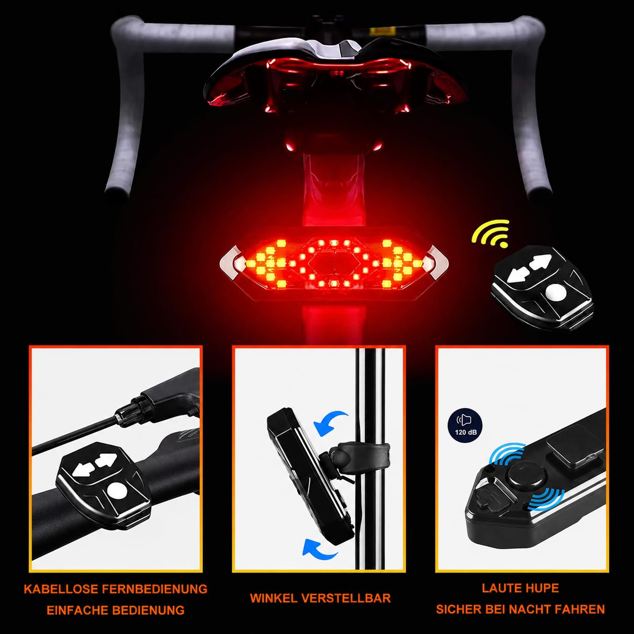 Blinker E Scooter,Fahrrad Rücklicht, Fahrrad Blinker,LED Fahrrad Hecklicht USB Wiederaufladbar mit Funkfernbedienung, Blinker für Fahrrad mit 120 dB Hupe, Wasserdicht, 5 Lichtmodi