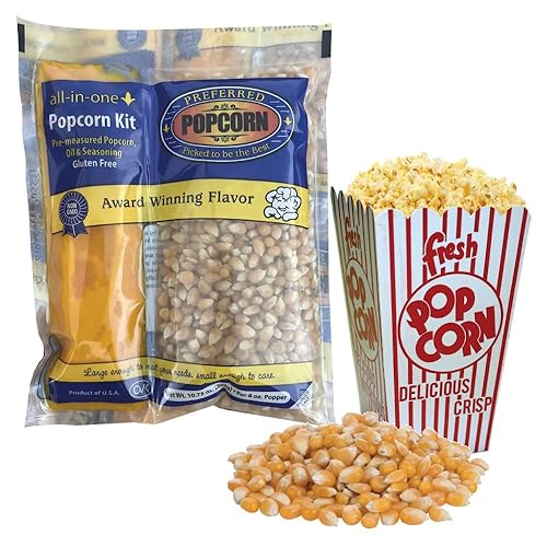 8oz Preferred Popcorn All in One Pack Popcorn | Premeasured Theatre Quality Kernels for Kettle Popcorn Machines. 24 Individual 8oz Portion Bags per case Butter Flavoured