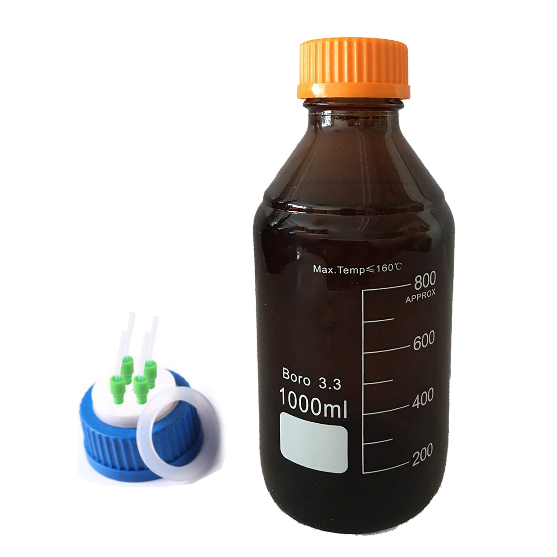1 Stück Borosilikatglas, bernsteinbraun, runde Reagenzien-Aufbewahrungsflasche mit GL45-Schraubverschluss mit 4 Löchern – 100 ml bis 20.000 ml Fassungsvermögen(100ml)