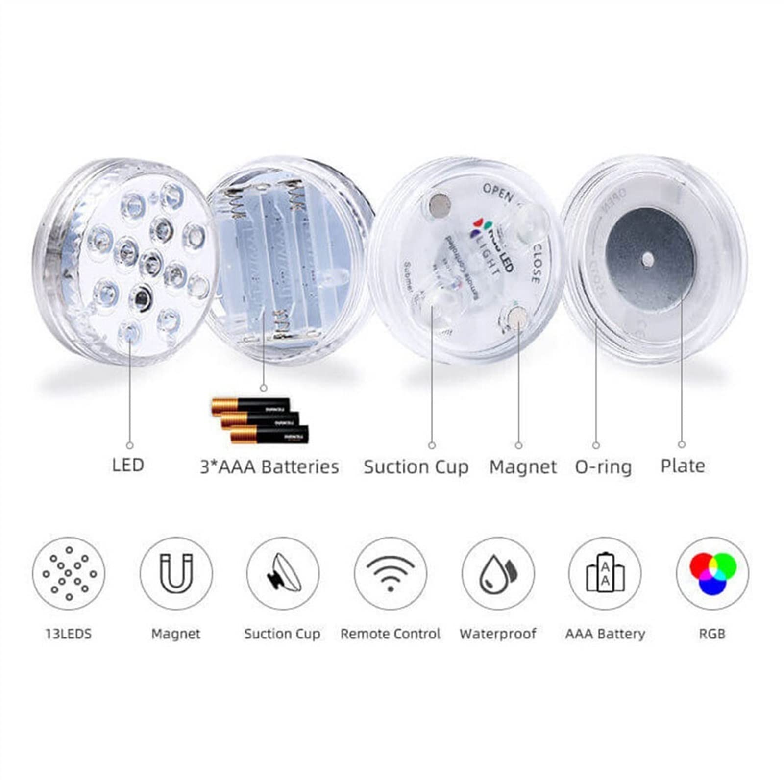 Światła stawu Wodoodporne światła wanny z hydromasażem, 13 LED RGB Podwodne światła basenowe z magnesem, 16 kolorów zanurzalnych DOPROWADZIŁO Światła z RF Odległość do basenu, stawu, akwarium, akwariu