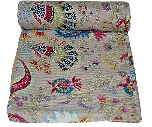 YUVANCRAFTS Indian Cotton Kantha Quilt Floral and Mukut Screen Print Quilt Bedspreads Blanket Throw