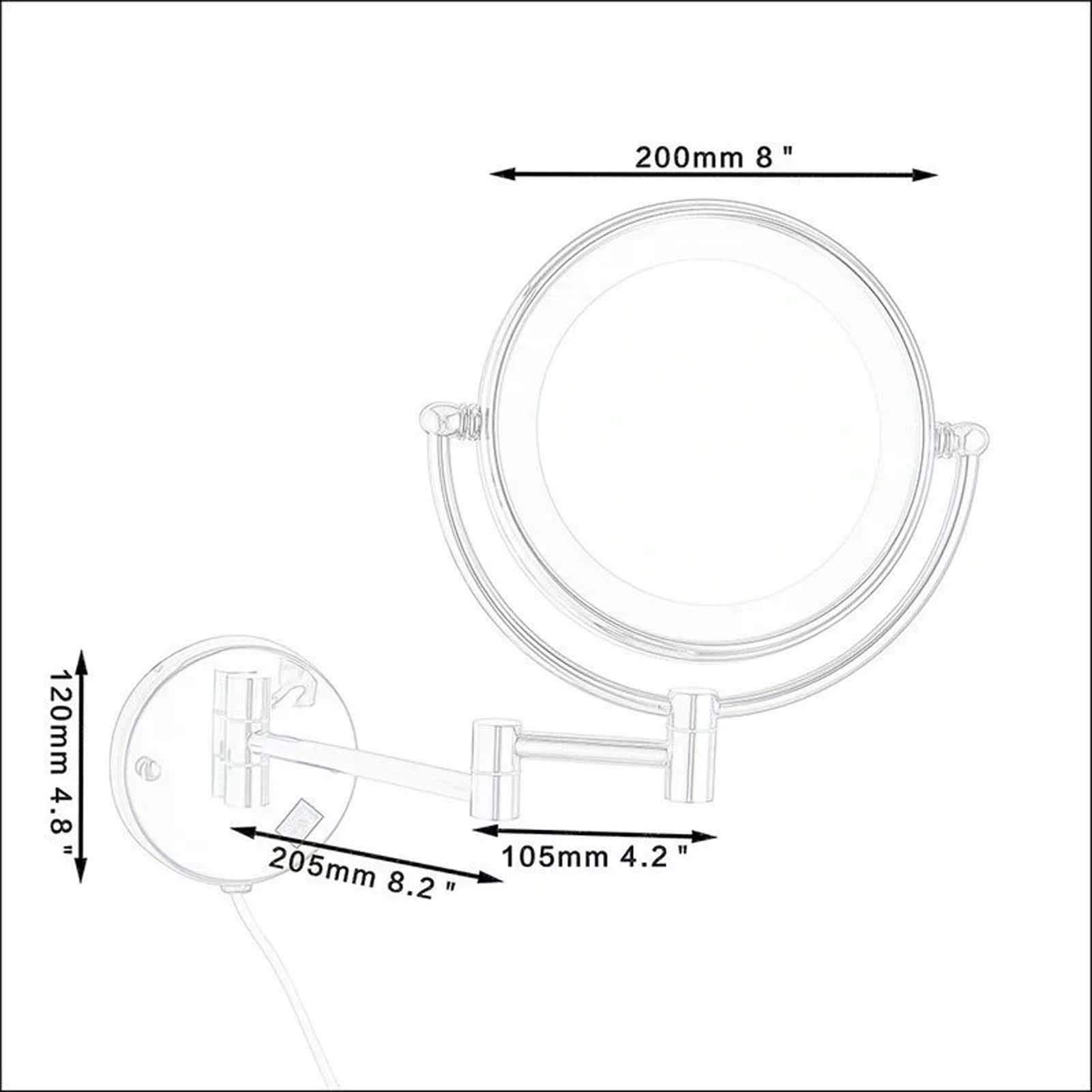 Espejo de maquillaje montado en la pared, aumento de 3x/5x/7x/10x, espejo de baño extensible giratorio de dos caras de 8 pulgadas, brazo extensible, espejo de afeitar cromado para dormitorio