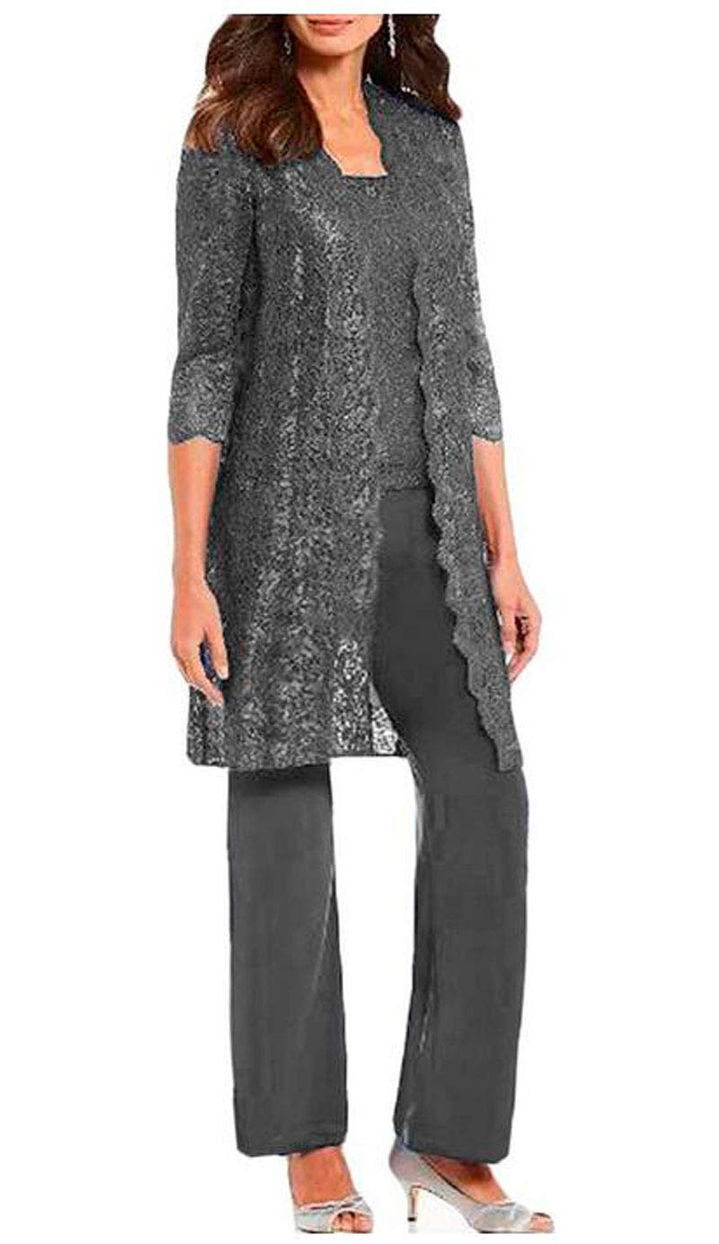 Botong Women's Grey 3 Pc Mother Of The Bride Pants Suit For Wedding Long Lace Jacket Chiffon Outfits For Prom Evening Uk20