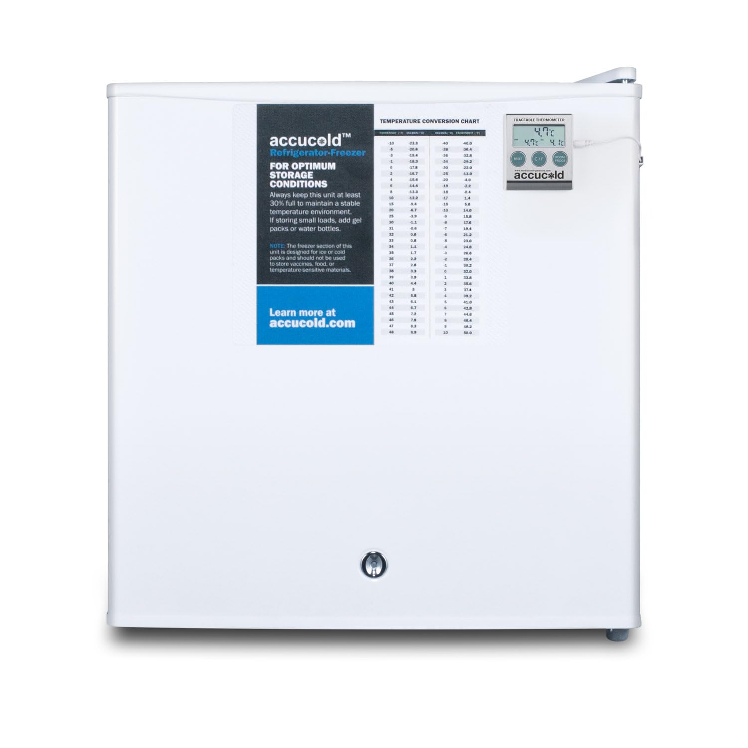 Summit Appliance S19LWHPLUS2 Compact Refrigerator-Freezer for General Purpose Use in White with NIST Calibrated Thermometer, Manual Defrost, Hospital Grade Cord and Front-Mounted Lock