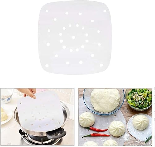 Miniatura 4 de Wination 100 PCS Square Air Fryer Oven Paper, Rattan Bamboo Basket Airfryer Non-Stick Steamer Pads Perforated Parchment Paper for Cooking,8.5 inch