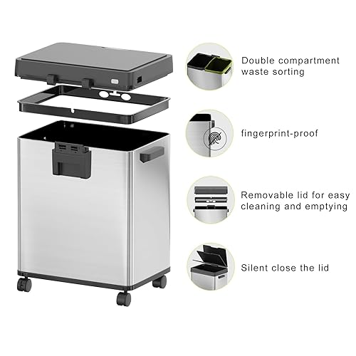 Miniatura 4 de Bote de basura con sensor automático de 13.2 galones con control de olores y ruedas, cubo de basura de acero inoxidable de 50 litros con cierre