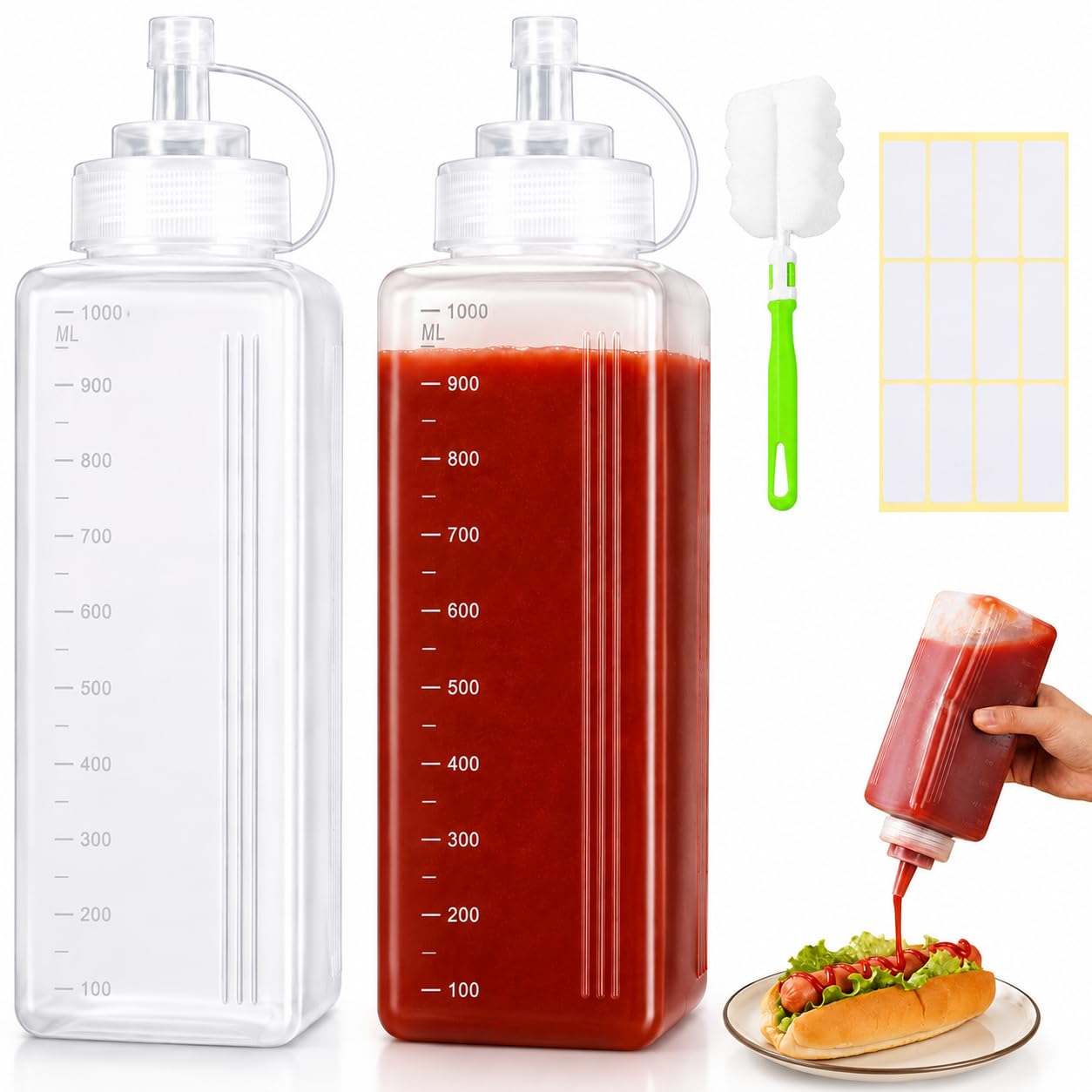 Squeeze Bottles, 2 Pack 1000ml/32oz Plastic Sauce Squeeze Bottles with Nozzles, Square Condiment Dispenser Bottles with Labels & Cleaning Brush for Ketchup, Mustard, Olive Oil, Salad Dressing