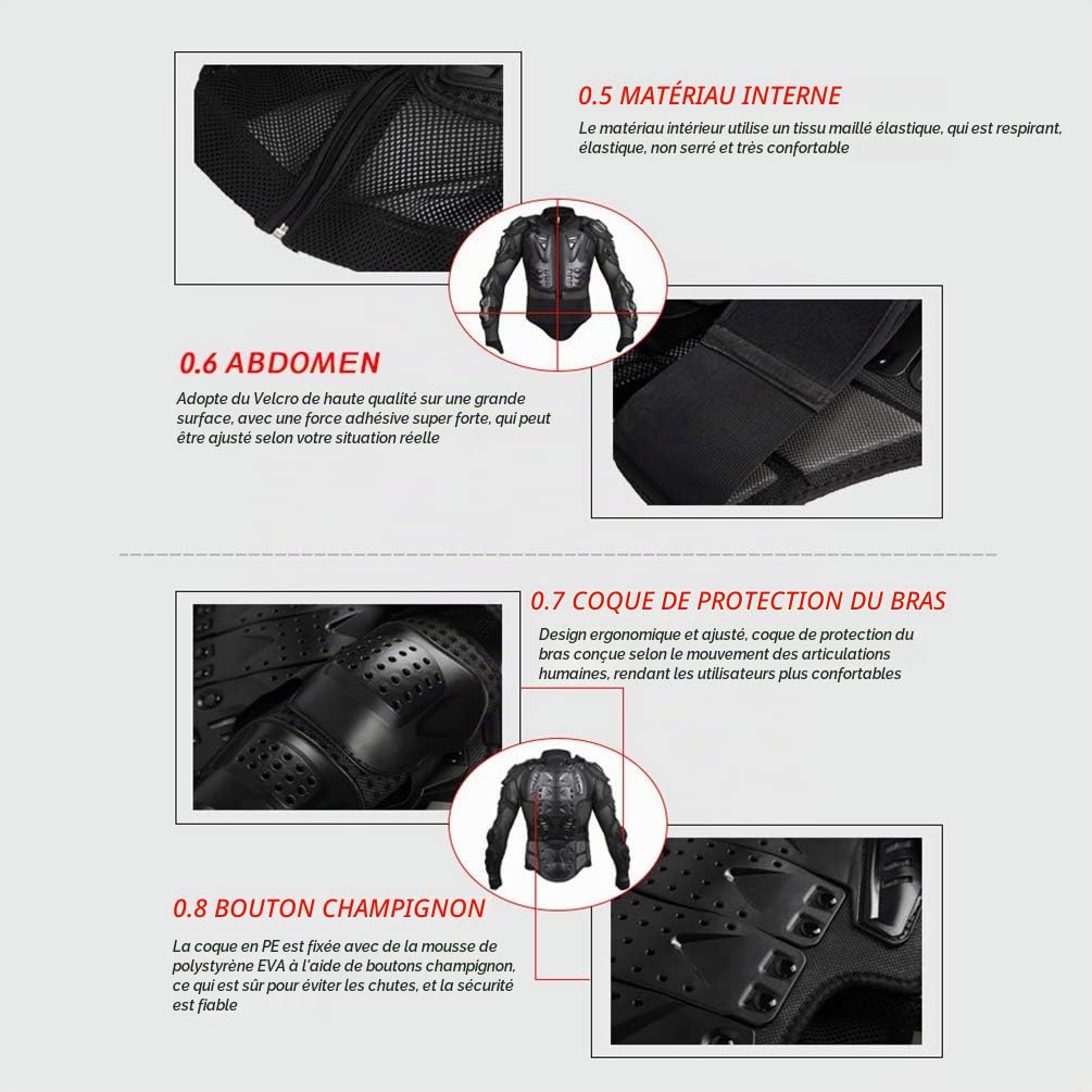 Veste de Moto Respirant Homme ou Femme Armure avec Protection Dorsale pour Blouson Motard Scooter VTT Enduro (Noir, 2XL)