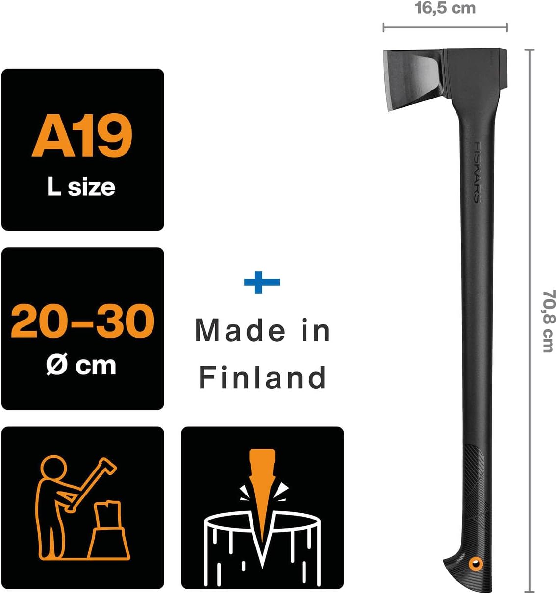 Fiskars Splitting Axe L, Solid, with Blade and Transport Protection, Non-Stick Coating, Steel Blade/Fibreglass Reinforced Plastic Handle, Black/Orange, A19, Length: 65 cm, 1.6 kg, 1052044
