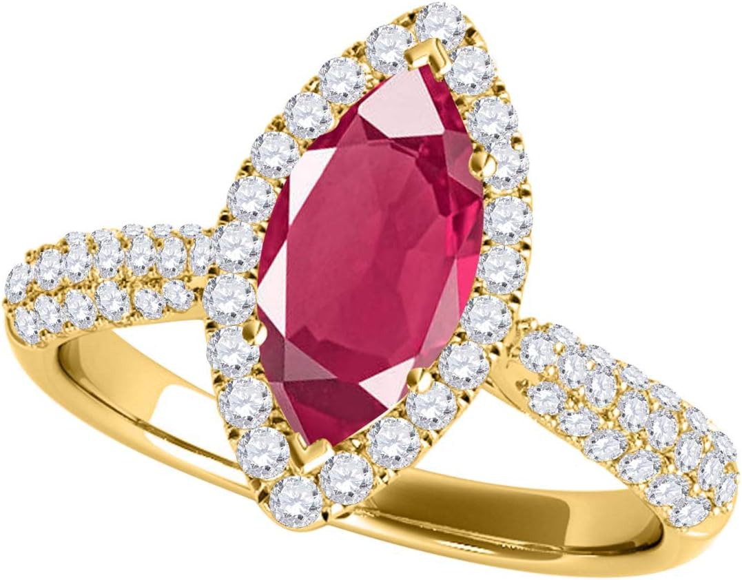 MauliJewels Rings for Women 0.87 Carat Elegant Look Diamond And Marquise Shape Created Created Ruby Ring pave 10k Yellow Gold
