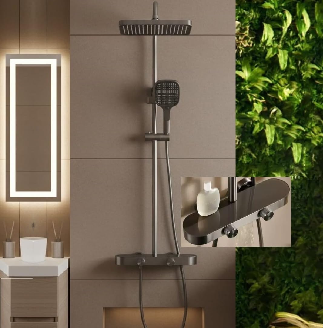 Luxury thermostat Shower set System 4in1 shower panel with large Overhead Rainfall (Panel Gray)