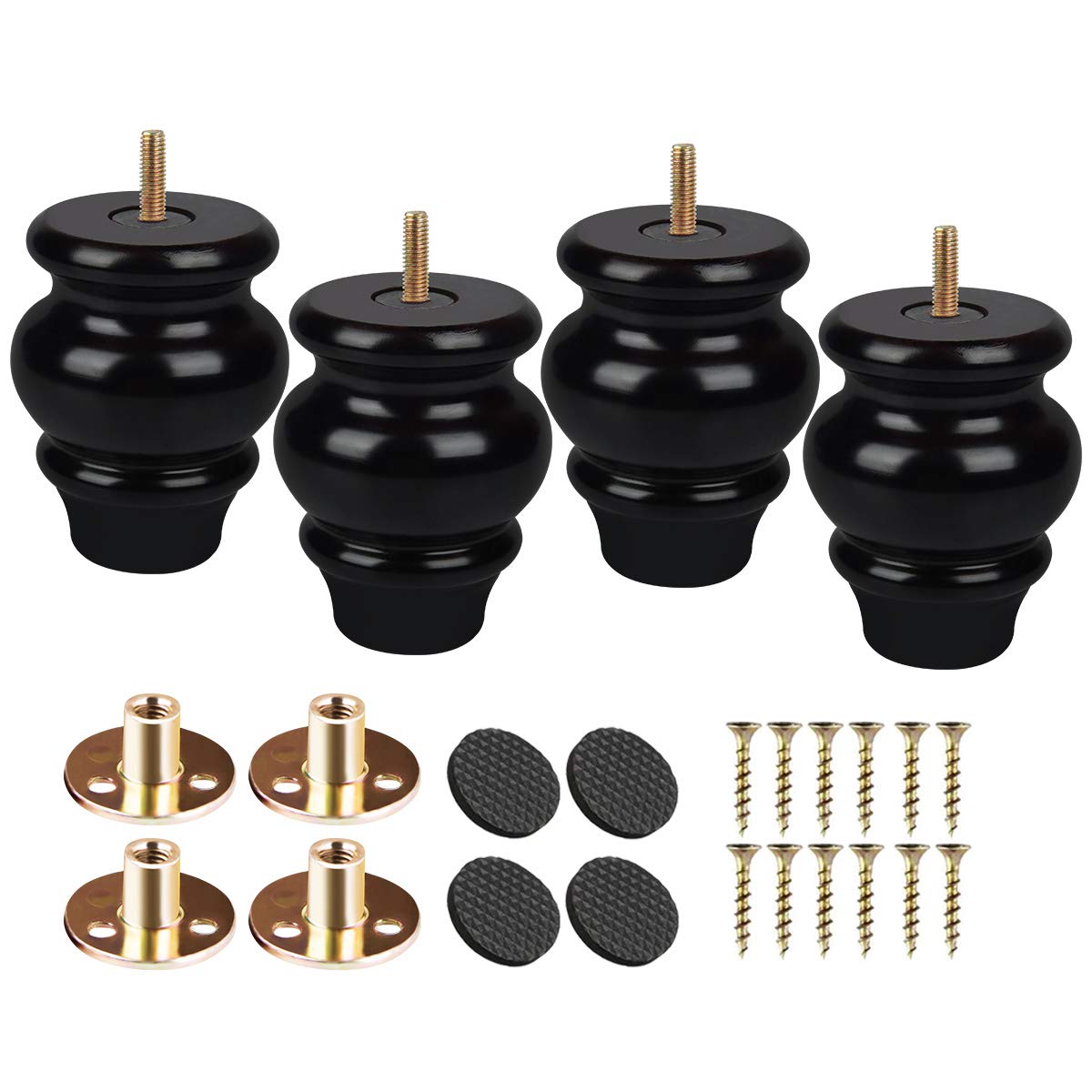 3.6 Inch/ 9cm Solid Wood Furniture Legs, 4Pcs Black Turned Wooden Bun Feet with Threaded 5/16'' Hanger Bolts & Mounting Plate & Screws for Sofa Cabinet Ottoman Loveseat Recliner