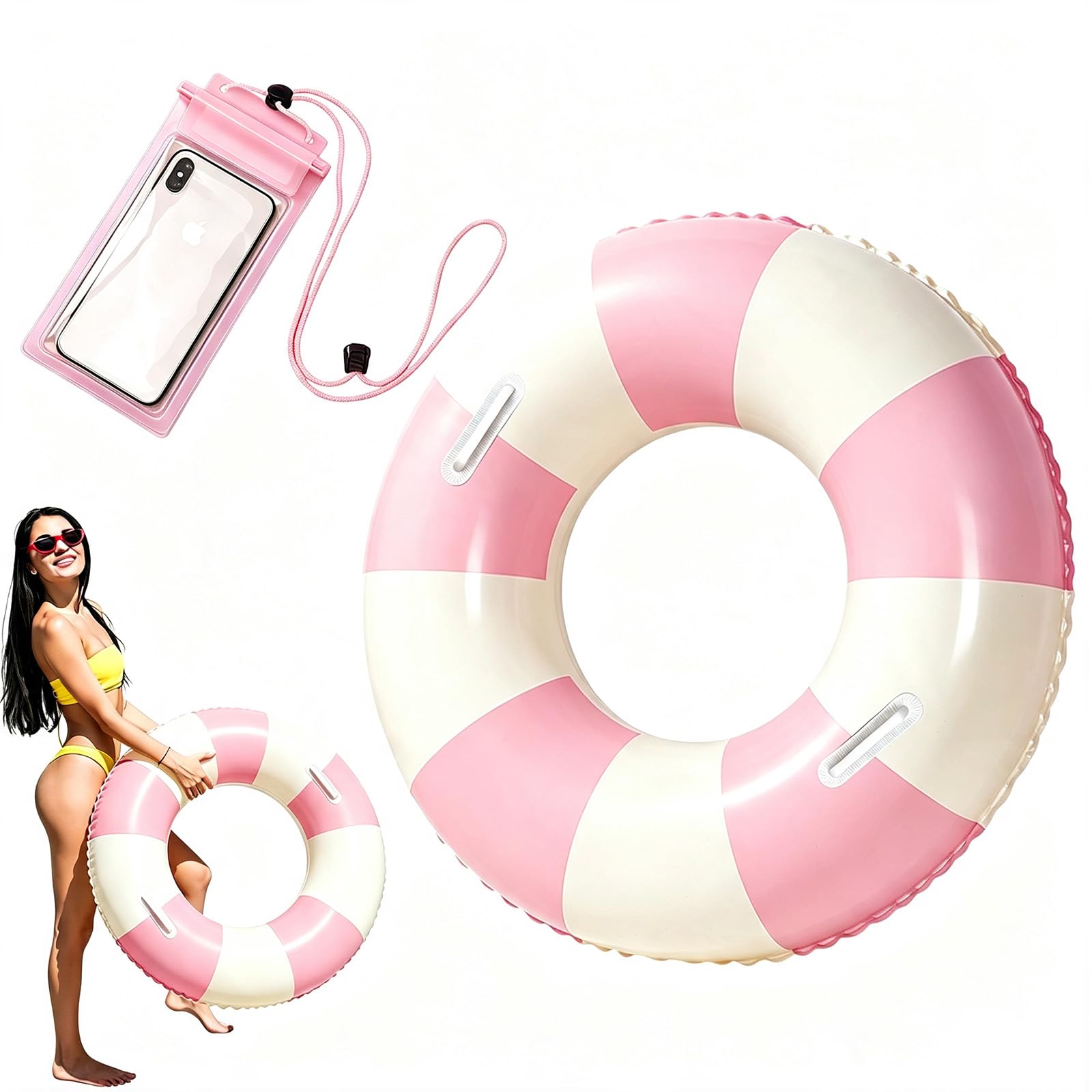 XQMMGO Stripe Inflatable Swim, Inflatable-Swimming Ring Adults with Handle, Rubber Ring-Pool Float, with Waterproof Phone Pouch, for Summer Beach Holidays, Garden Pool Parties (Pink)