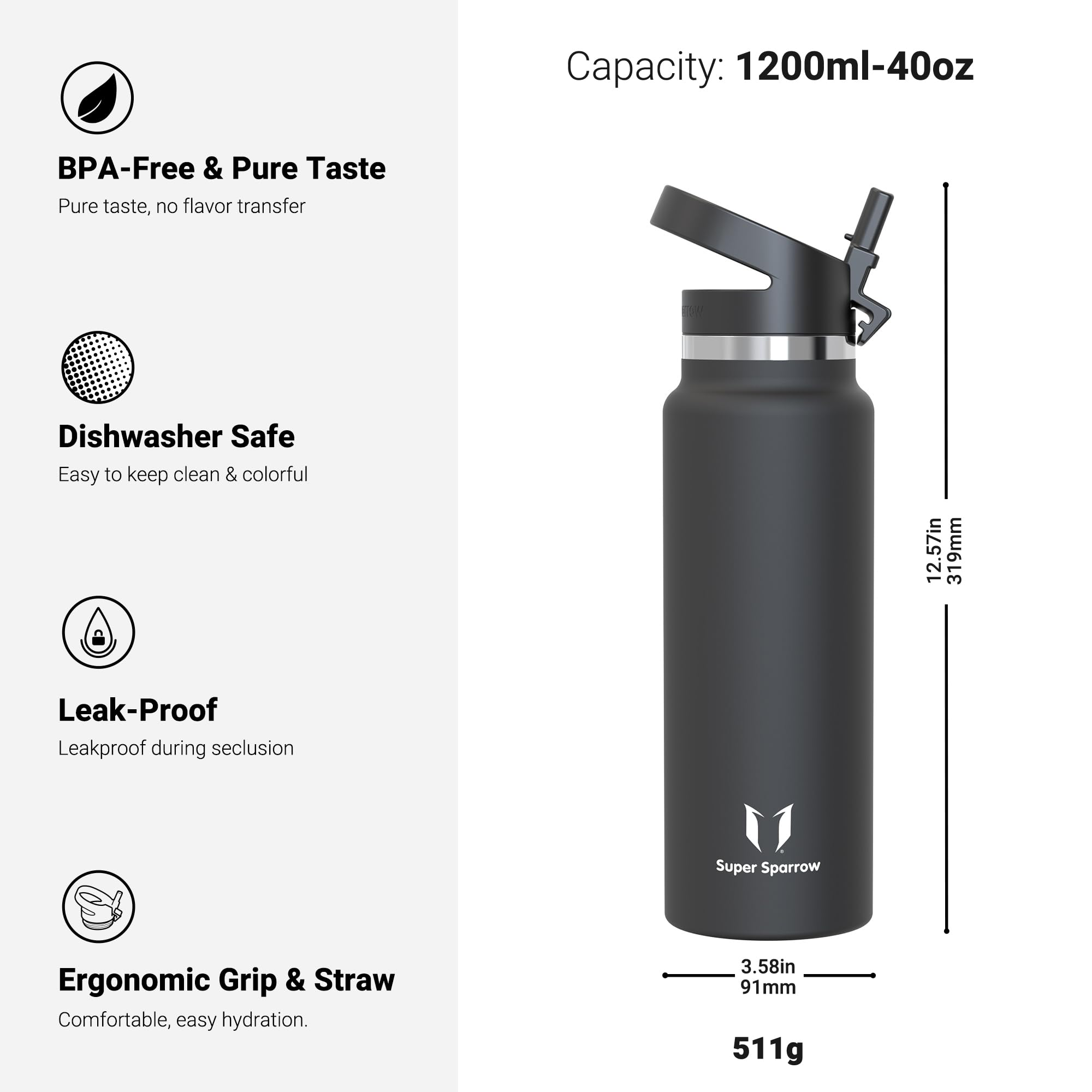 Super Sparrow Borraccia Termica - 500ml, 750ml, 1000ml, 1.2L, 1.5L- SwivelSip Inox Bottiglia - Senza BPA Borracce Termiche, Borraccia Ergonomica per Bambini, Sportiva, Bici, Campeggio, Palestra