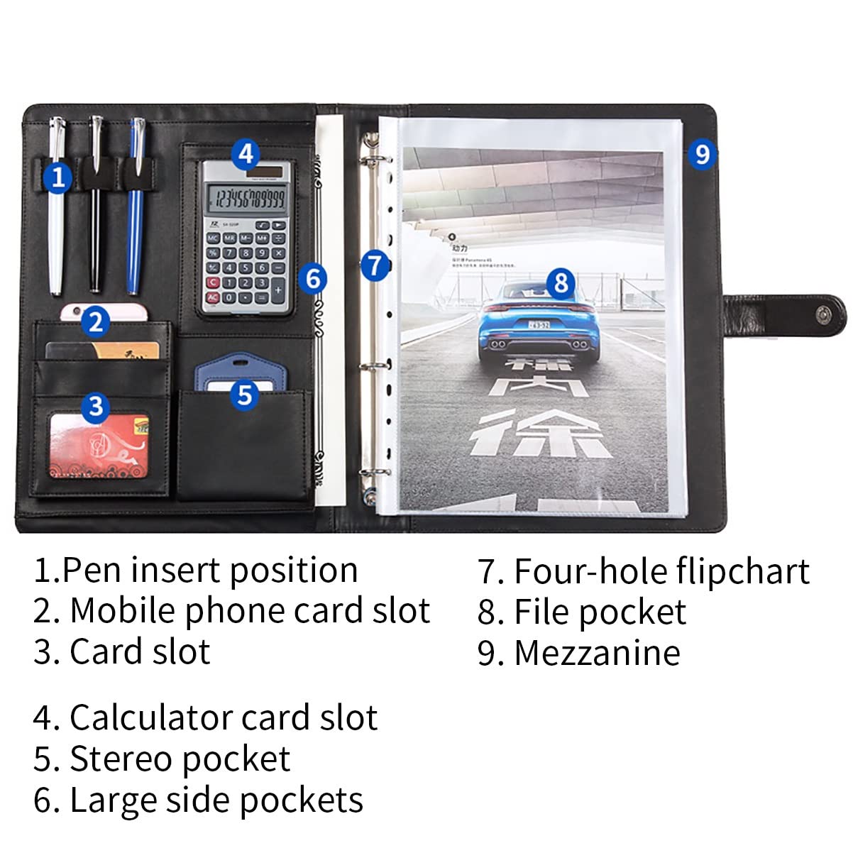 Padfolio Portafolio Estuche Carpeta de Negocios Cuero PU A4 Compedio for Documentos Conferencia Ejecutiva con Funda for for Mujeres/Hombres(Blue)