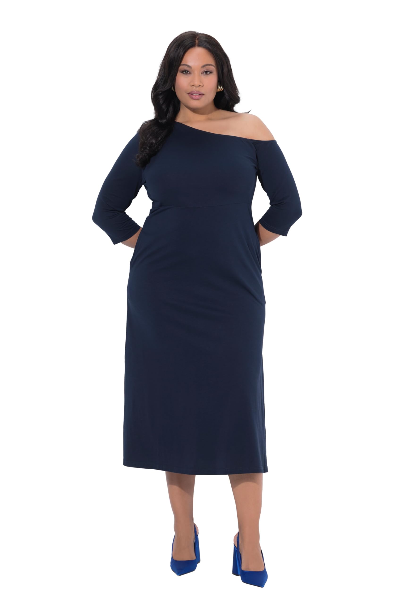Ulla Popken Damen große Größen Übergrößen Plus Size Maxikleid, Links schulterfrei, A-Linie, 3/4-Arm 847684