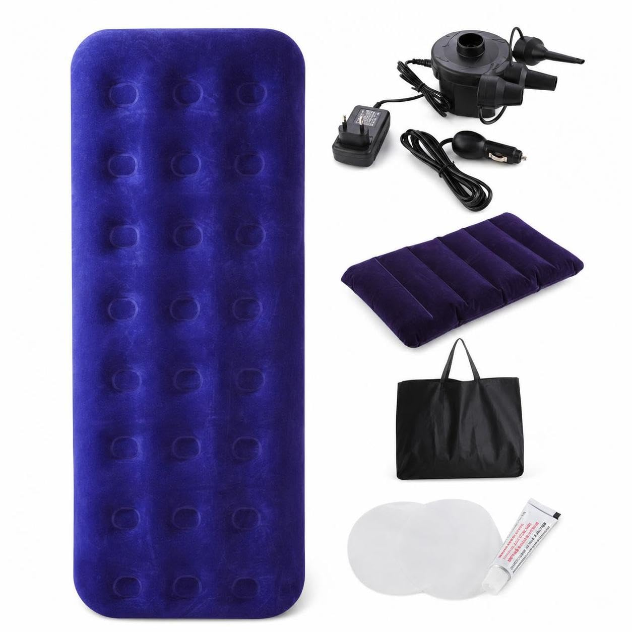 Colchón Inflable Portátil Camping, Plástico, camping, exterior, tejido compuesto, bomba manual, almohada, bolsa, pegamento, hogar, uso , Cama individual con bomba eléctrica , 191*73*22cm