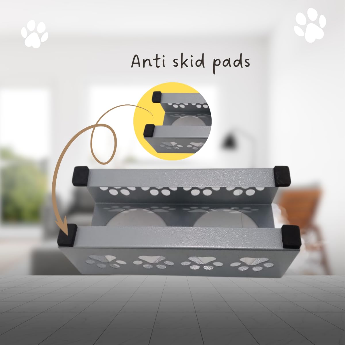 Metal Silver Stylish Dog Bowl Stand | 2 Stainless Steel Bowls for Raised Dogs & Cats | Elevated Dog Food Removable Bowls | Pet Feeder & Water Dispenser for All Breeds Paw Design (Set of 2 Each 400ml) 4