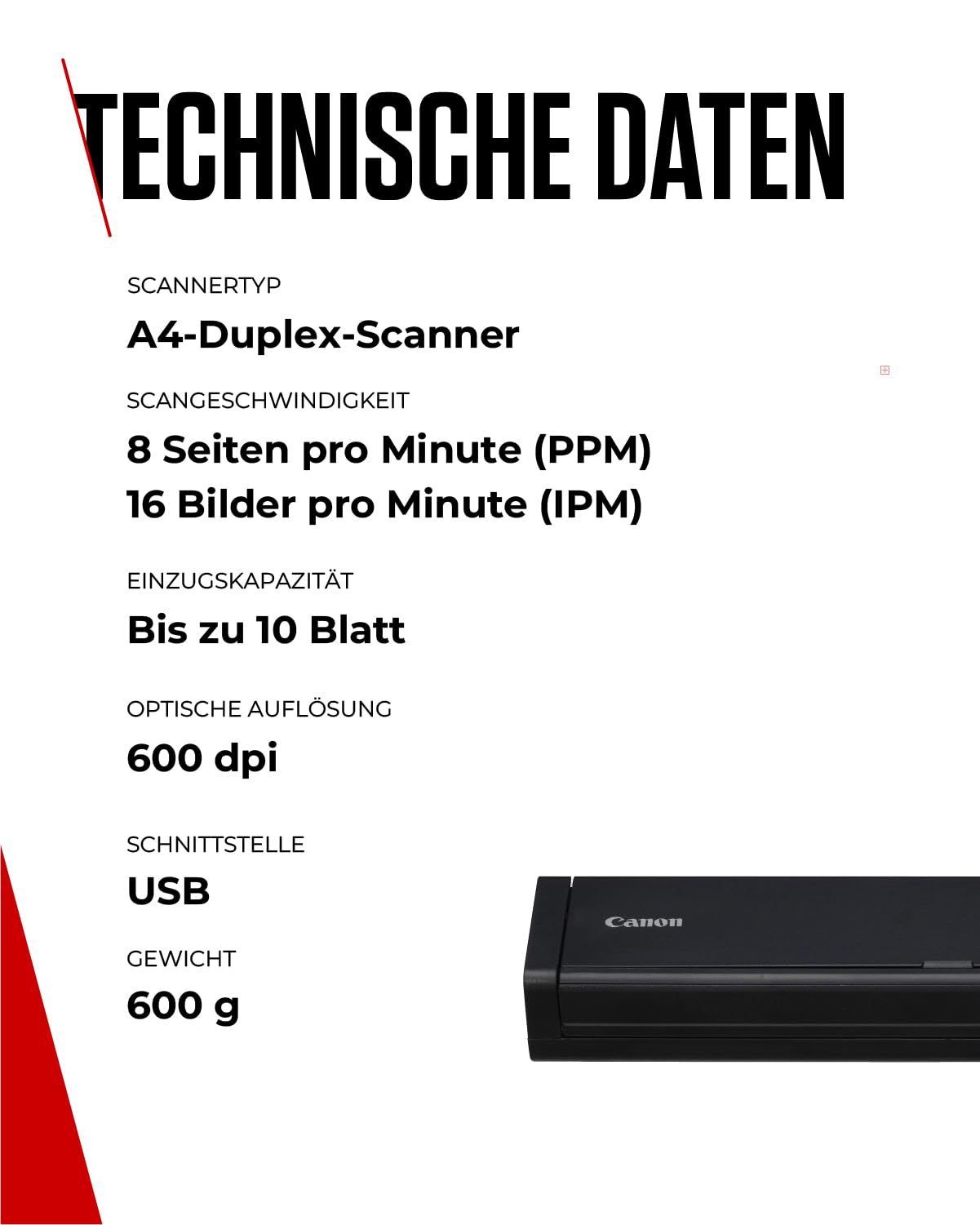 Canon imageFORMULA P-208II Mobiler Dokumentenscanner Duplex DIN-A4 600dpi 8 Seiten/Min 10 Blatt ADF Schwarz