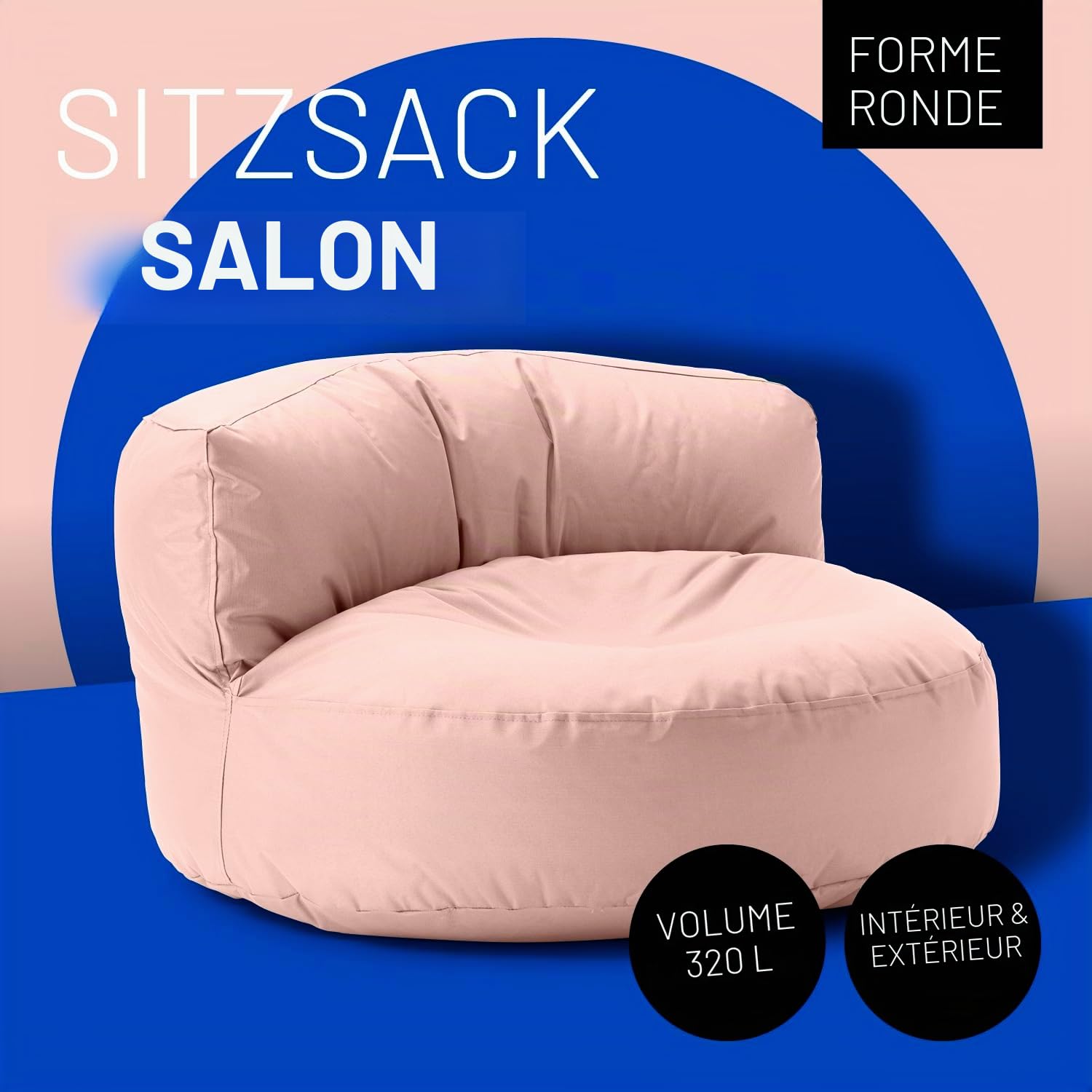 Lumaland Pouf Lounge - 90 x 50 cm avec dossier - Pour l'intérieur et l'extérieur - Imperméable et robuste - Avec rembourrage en polystyrène expansé adaptable - Housse lavable - Rose pastel