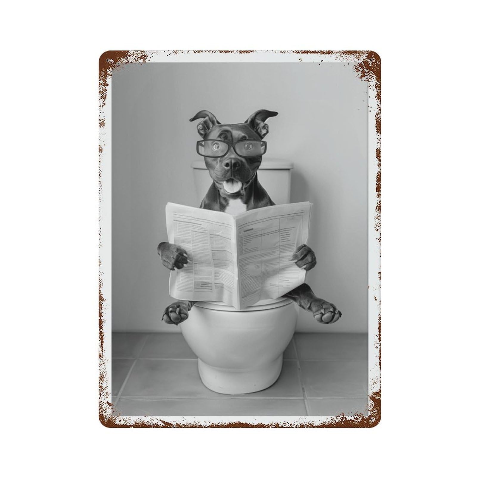 xiaoxiaoshen Staffy Bull Terrier on Toilet Dog Reading Newspaper, Black And White Wall Decor Art Metal Tin Poster Modern Home Decor Art Home Bar Shop Decorations Vintage Sign 40x30cm