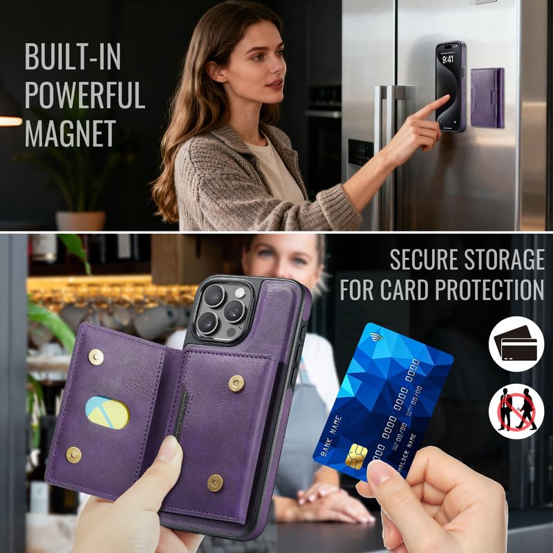 Funda iPhone 15 Pro Max anticaída lila que soluciona el robo de datos con billetera RFID 6