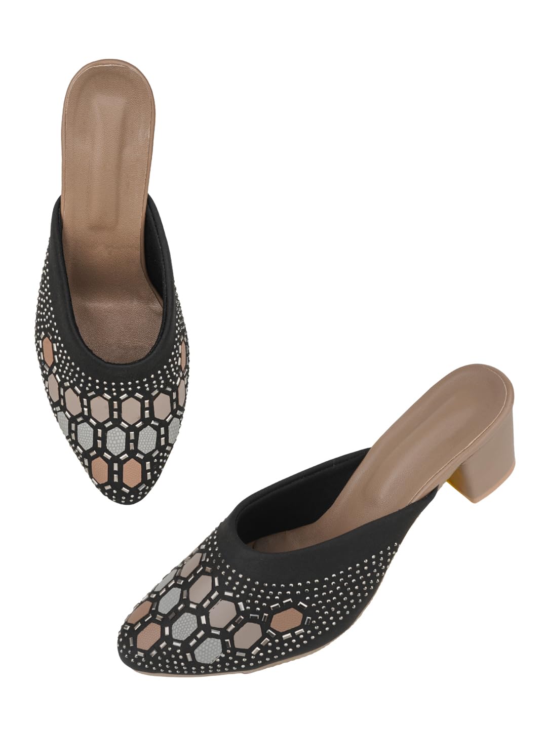 Women’s Black Embellished Mule Flats – Pointed Toe Slip-On Shoes with Geometric Crystal Studded Design, Elegant Casual & Party Foot-image-35