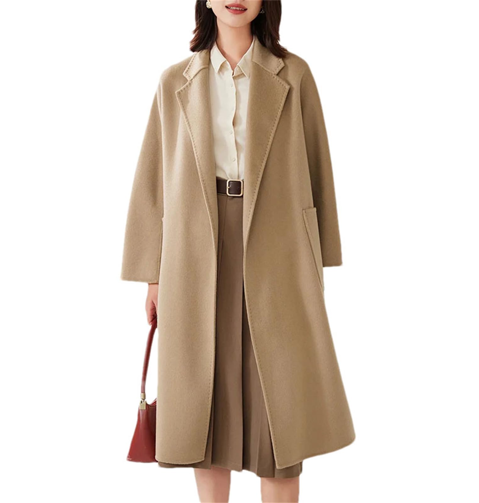 Women'S Long Large Pocket Cashmere Wool Blend Coat Notch Lapel Belt Warm And Soft Woolen Coat