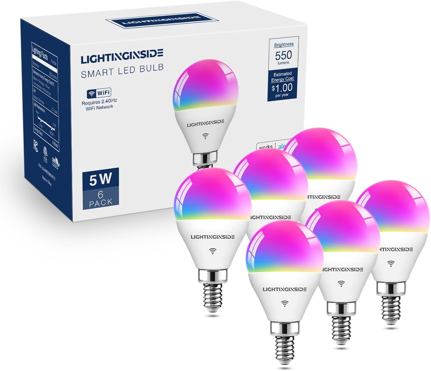 Lightinginside E12 Smart Light Bulbs 50W Equiv., G16.5 RGBCW Candelabra Chandelier Ceiling Fan Smart Bulb Works with Alexa/Google Home/SmartLife, 5W 550LM, 2.4G WiFi Bluetooth Bulb, ETL Listed, 6PCS