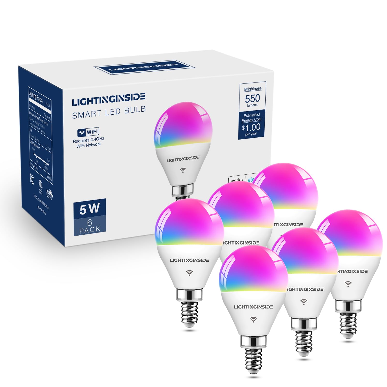 Photo 1 of Lightinginside E12 Smart Light Bulbs 50W Equiv., G16.5 RGBCW Candelabra Chandelier Ceiling Fan Smart Bulb Works with Alexa/Google Home/SmartLife, 5W 550LM, 2.4G WiFi Bluetooth Bulb, ETL Listed, 6PCS